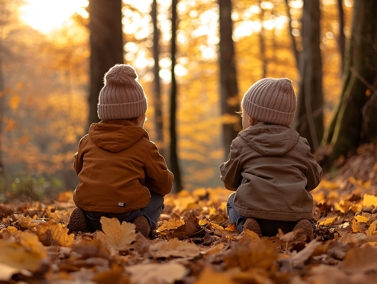 Zwei Kinder mit Wollmützen hocken nebeneinander im Herbstwald und beobachten die Natur
