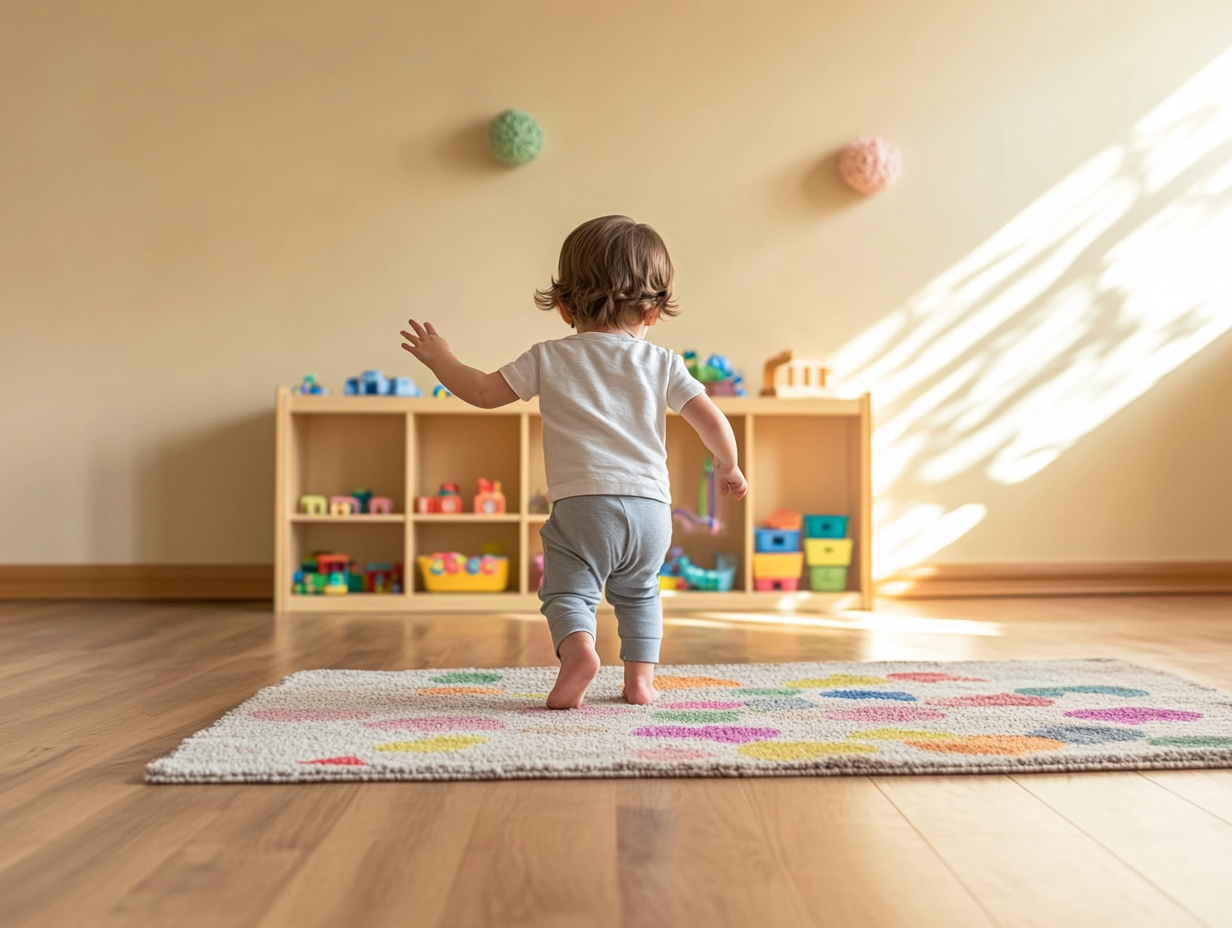 Kleinkind krabbelt auf einem bunten Spielteppich vor Spielzeugregalen