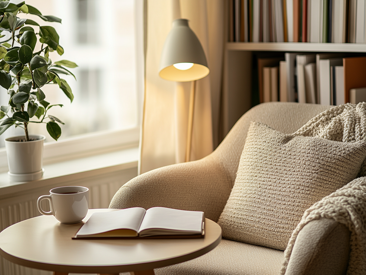 Gemütliche Leseecke mit Sessel, Lampe und aufgeschlagenem Buch – Wohlfühlort für Familien